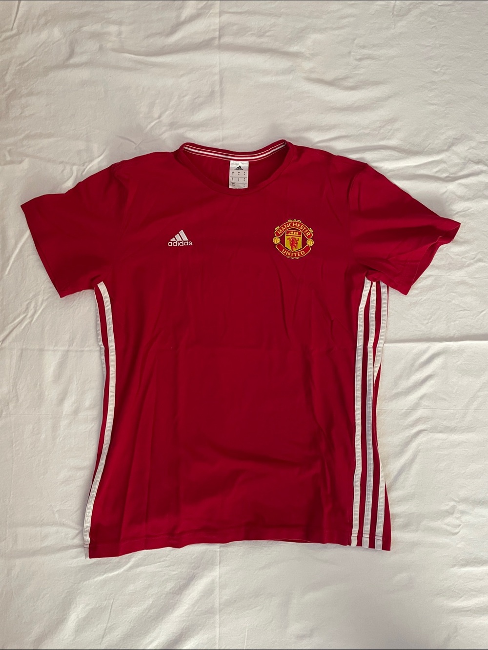 Adidas Red Manchester United Men's Shirt with White Stripes